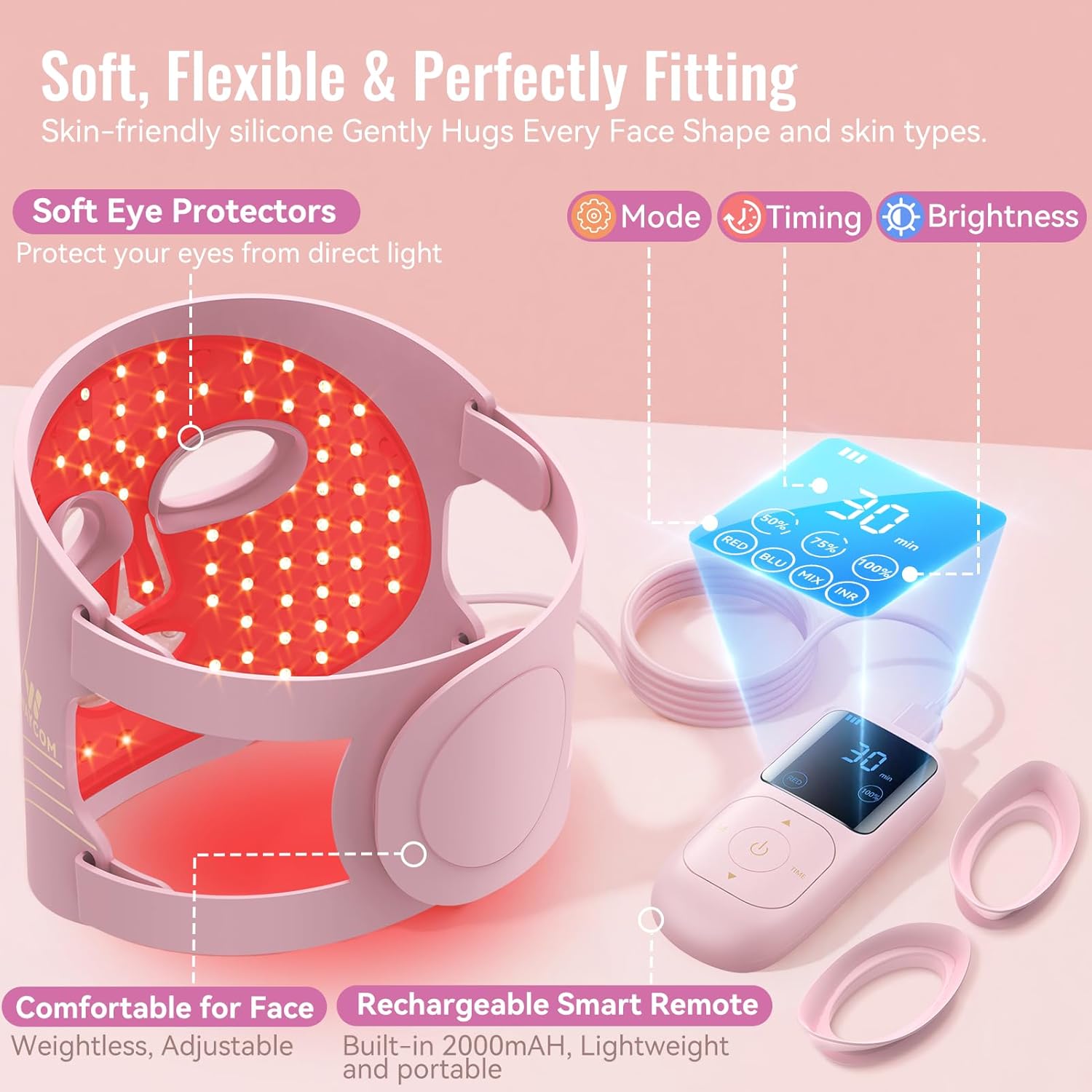 Red Light Therapy Mask for Face – Pink